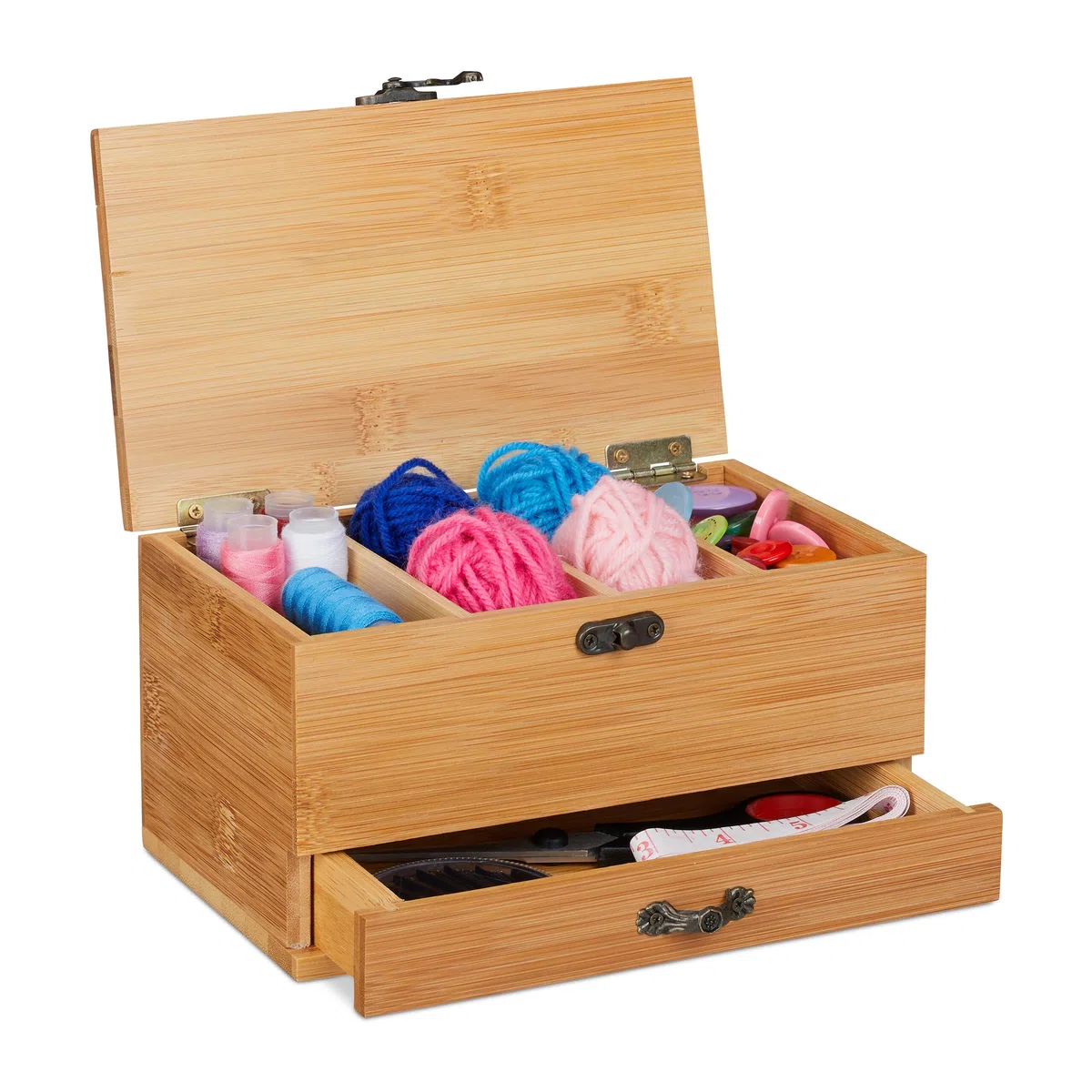 Relaxdays Box per Cucito in Bambù, 4 Scomparti, Cassetto, con Coperchio, Manico Antico, Senza Contenuto, Legno Naturale