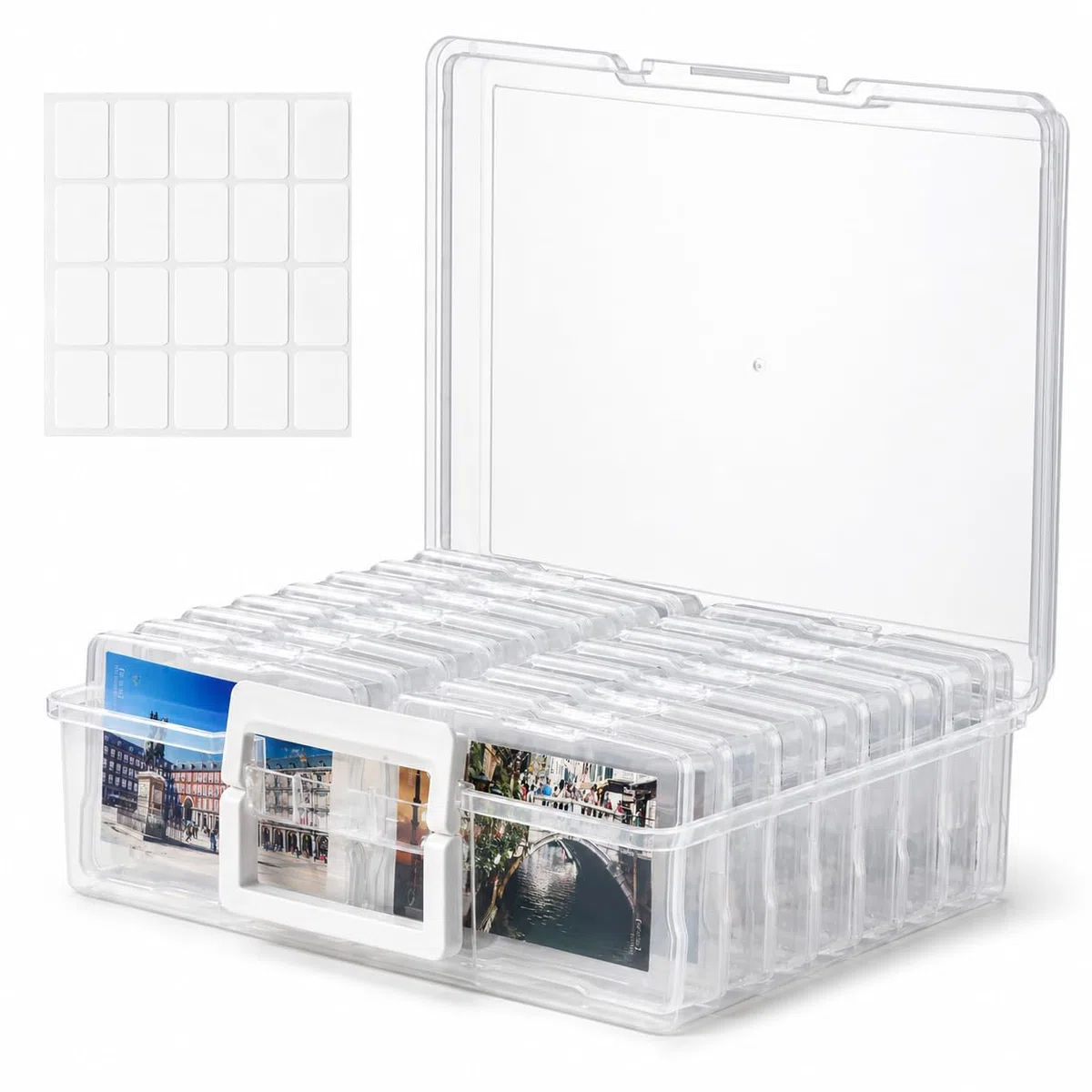 ALINK Scatola per foto 16 scatole interne con etichette, scatola fotografica trasparente per foto da 10 x 15 cm, cartoline, adesivi, biglietti e ricordi, organizer in plastica con manico