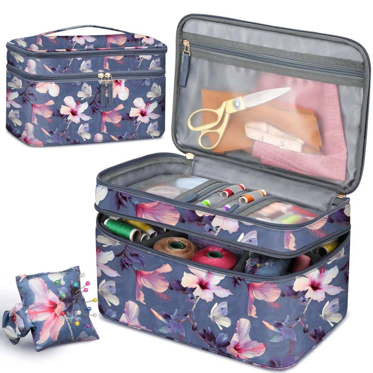 FINPAC Borsa per Kit da Cucito, Custodia da Cucito Grande con Tracolla, Borsa Accessori Cucito per Aghi, Filo, Forbici e Altri Accessori da Cucito, (Ibisco)