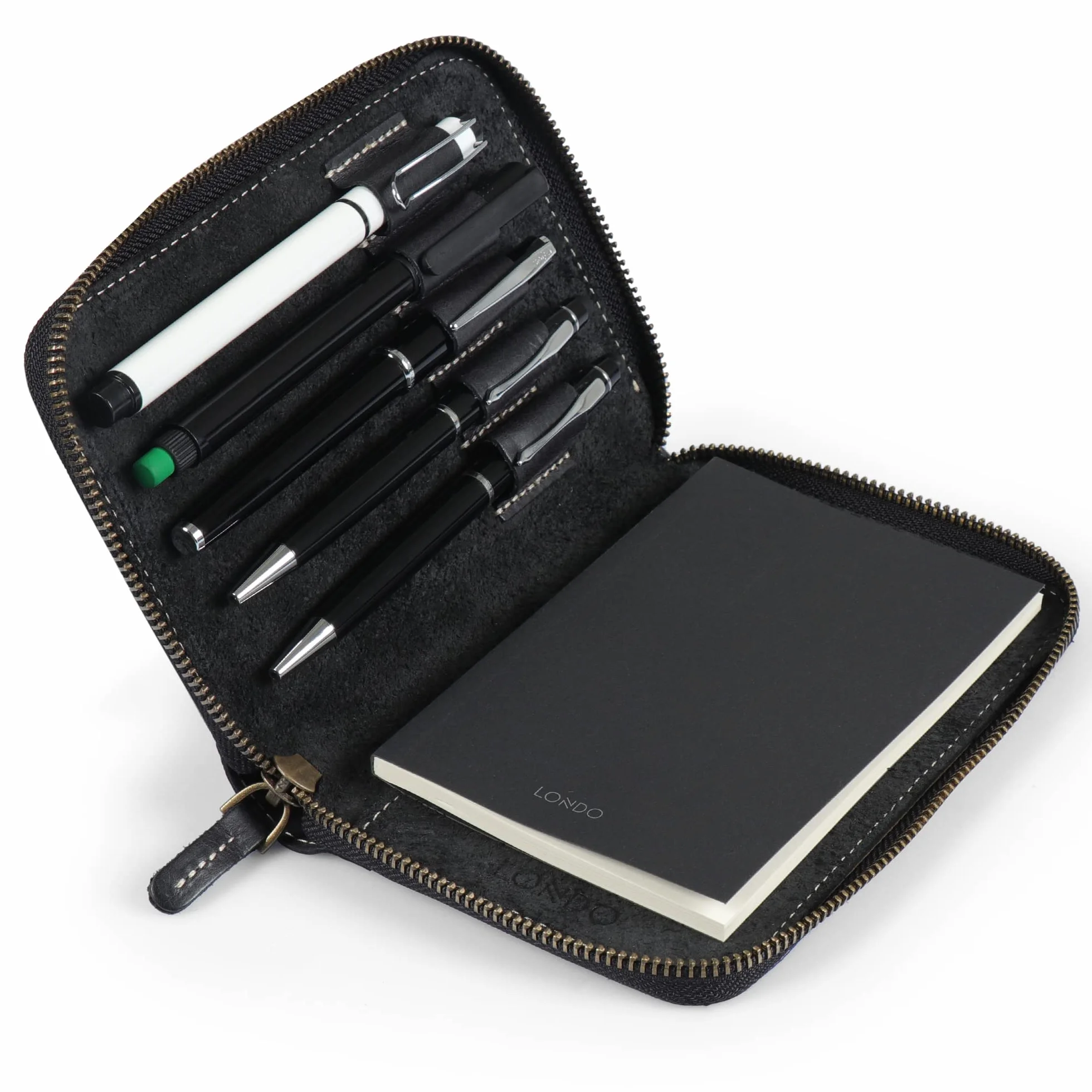 Londo Portapenne in Pelle: Organizer per Diario, Penna Stilografica e Matite, con Cerniera, 17x12x3cm - Nero