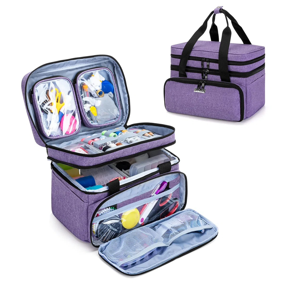 BAFASO Borsa per Kit da Cucito Grande a Doppio Strato, Custodia da Cucito con 2 Tasche Rimovibili, Borsa Accessori da Cucire (Nessun accessorio incluso), Viola