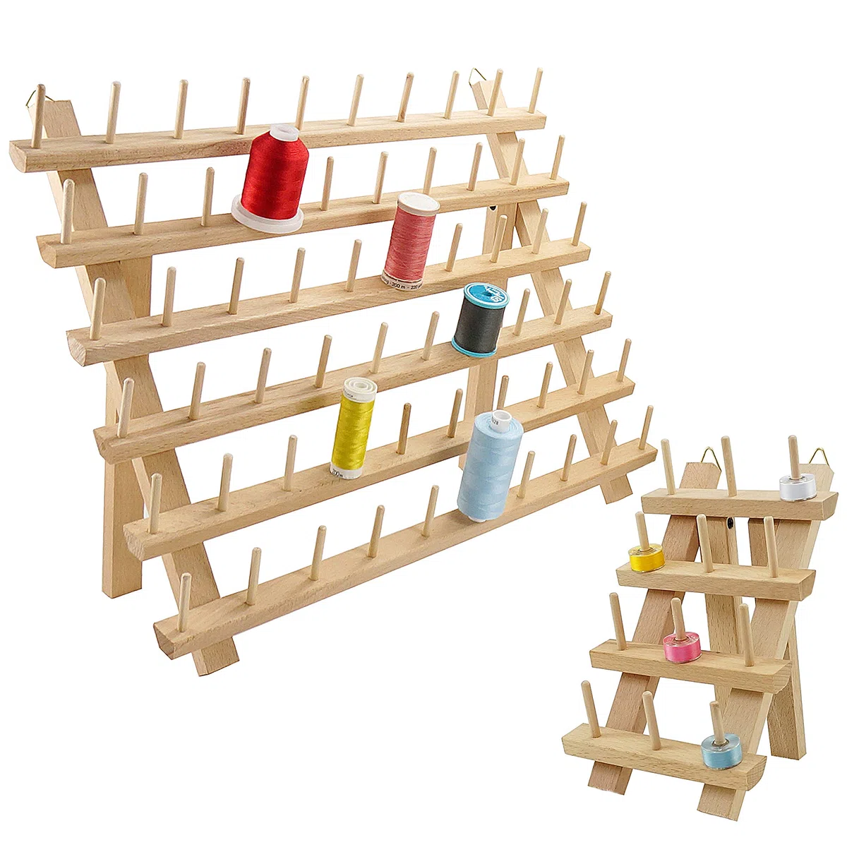 New brothread 60+12 Bobine di Legno Porta Fili/cremagliera per Filo con Ganci per Appendere per Ricamo, Quilting, Cucito, Treccia Capelli - Madre + Bambino Porta Fili Colore naturale