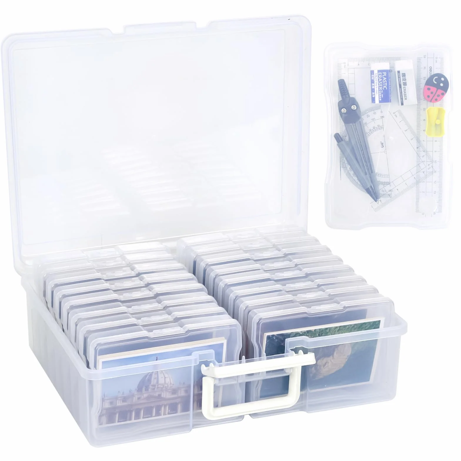 Organizzatore di Foto in Plastica, 16 Pcs Scatole Porta Foto Interne 17x12x3cm, Scatola Portaoggetti Trasparenti con Coperchio, Scatola Porta Foto per Fotografie Artigianato Cancelleria, 38x31x13cm