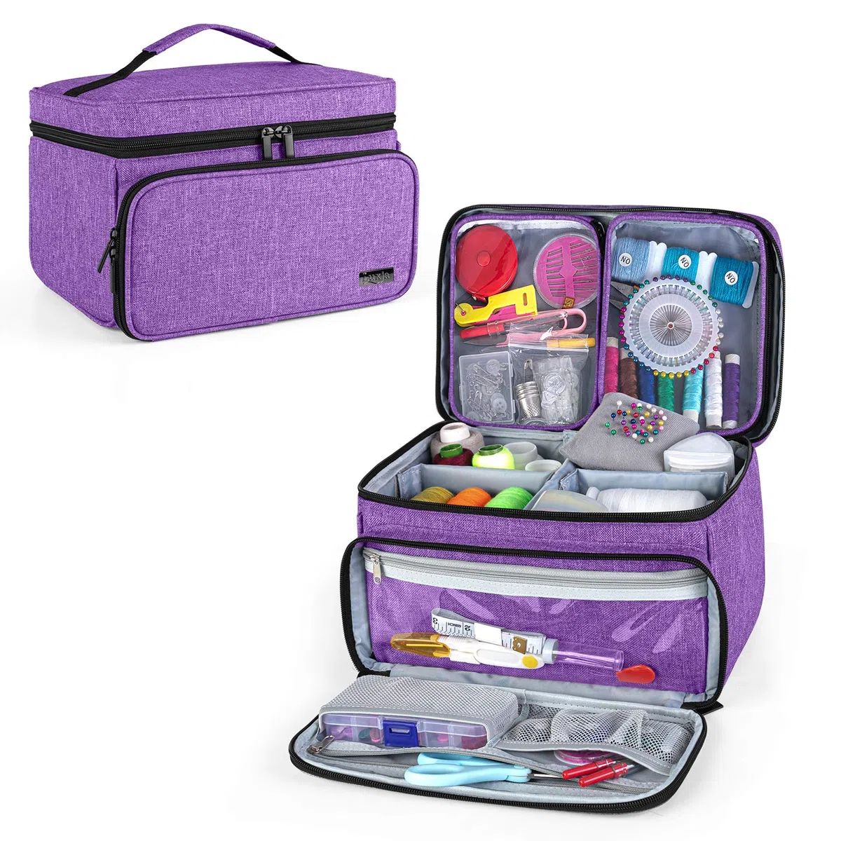 Luxja Borsa per Kit da Cucito, Borsa Accessori Cucito con 2 Tasche Trasparenti Staccabili, Borse Cucito per Aghi, Filo, Forbici e Altri Accessori da Cucito, Viola