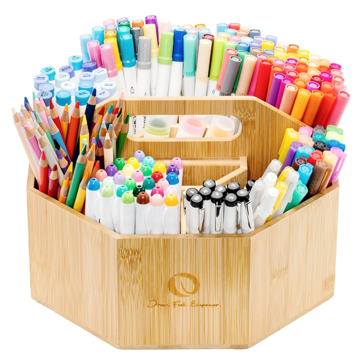 Ohuhu - Organizer Rotante per Pennarelli Alcolic, Rotazione a 360 Gradi in Bambù per Scrivania, Capacità 162 Pennarelli Honolulu& B, Porta Penne e Matite con 8 Scomparti per Decorazione di Casa, Aula