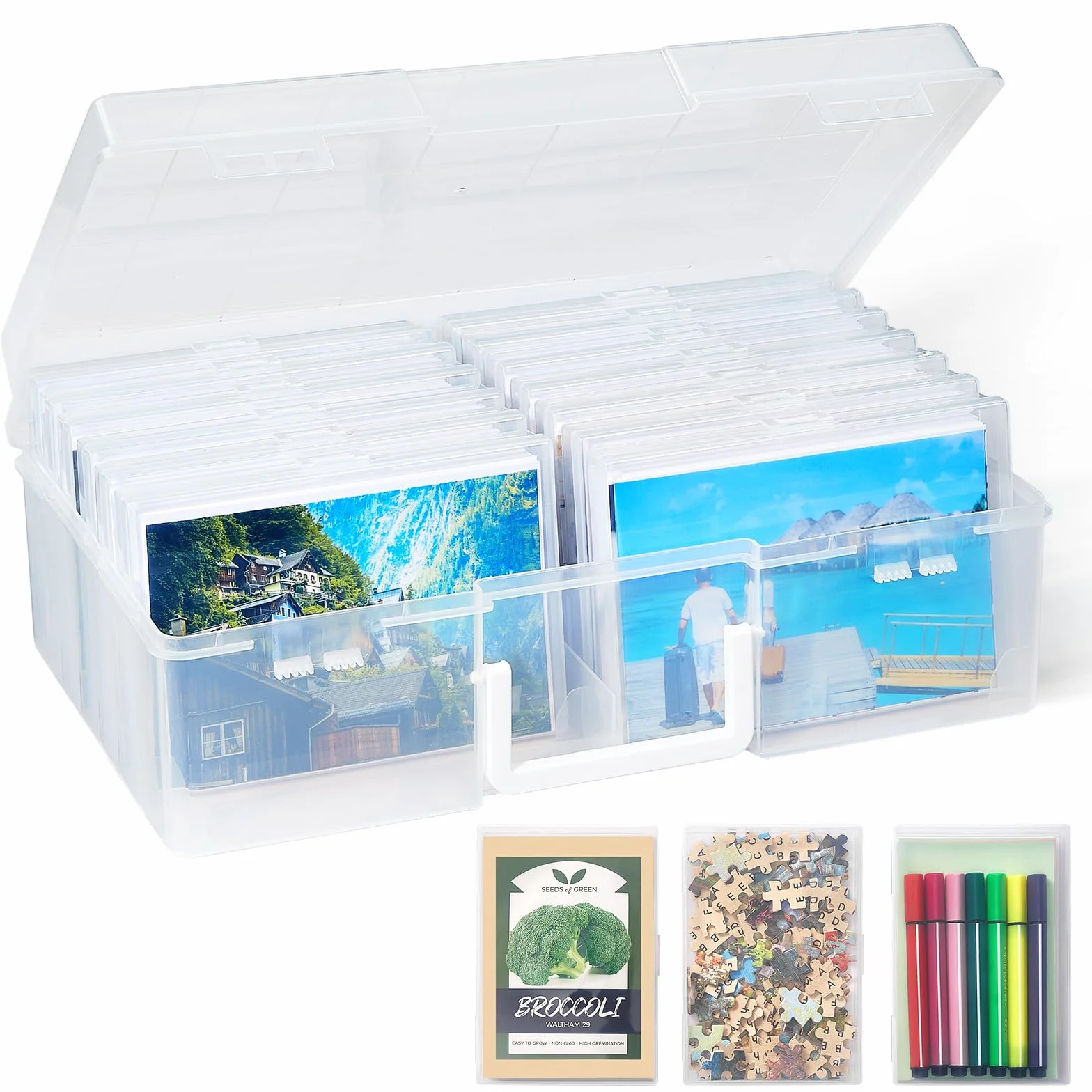 Lifewit Scatola Portafoto 35 x 19 cm/14x7, Custodia per Foto con 14 Scomparti Interni 10x15cm 4R, Organizer per Foto in Plastica per Semi, Cartoline, Artigianato con 1 Foglio di Etichette Adesive