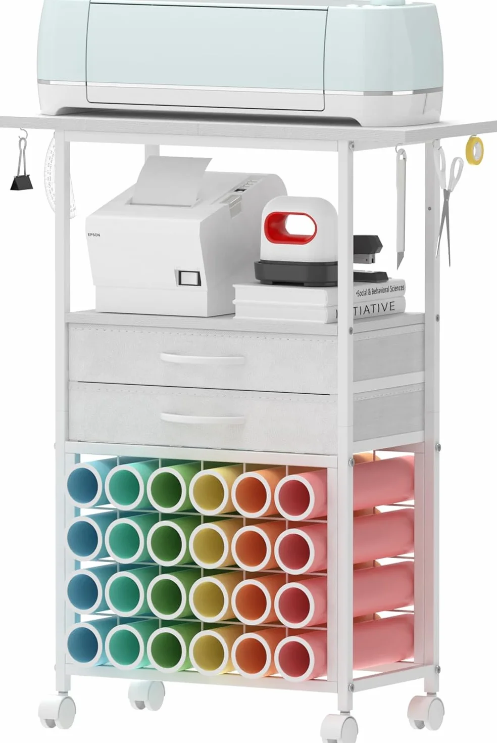 Carrello Organizzatore Trironsun per Artigianato - Organizzatore per 24 rotoli di carta vinilica - 2 cassetti in tessuto - Per la stanza del fai da te, la stanza del bricolage - Bianco
