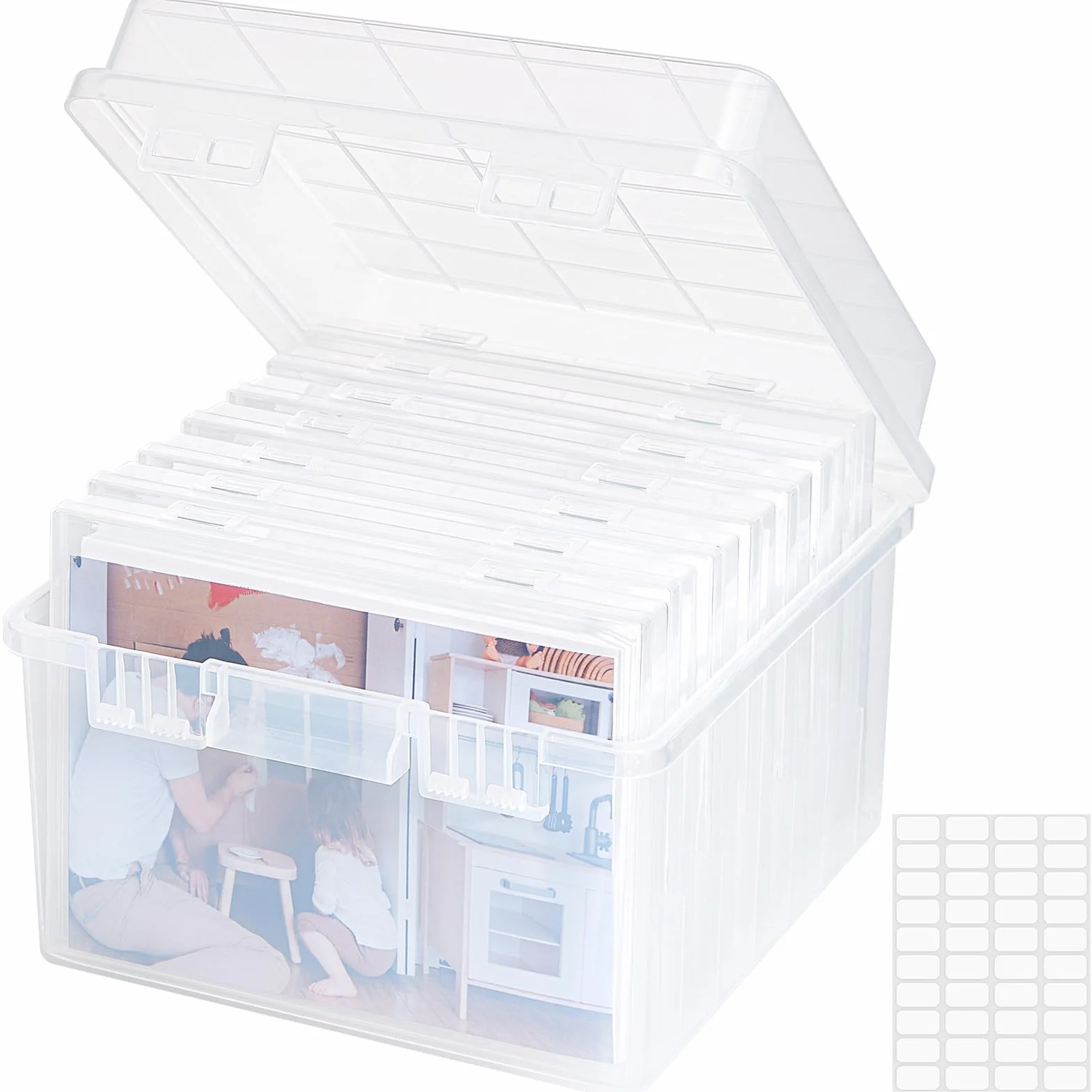 Lifewit Scatola Portafoto da 13x18cm 5R, 9 Scomparti Interna, Organizer Portafoto, Scatola per Semi Artigianato Francobolli e Materiale per Ufficio con 1 Foglio di Etichette Adesive, Trasparente