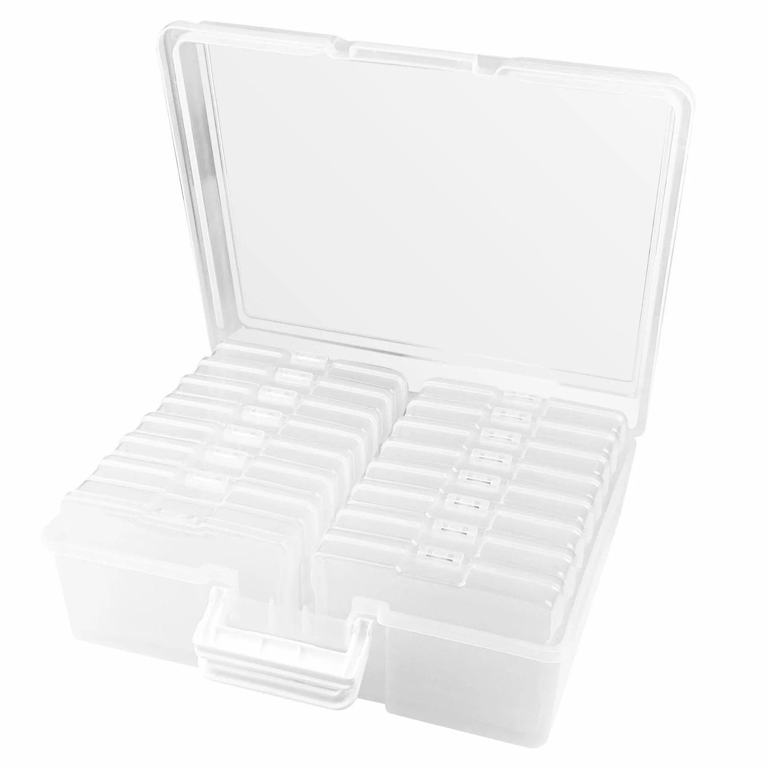Scatola Porta Foto, Scatole Portafoto Plastica, Scatola Portaoggetti Trasparenti con 16 Scomparti Scatole Foto Interna, per Fotografie, Cartoline, Artigianato, Adesivi