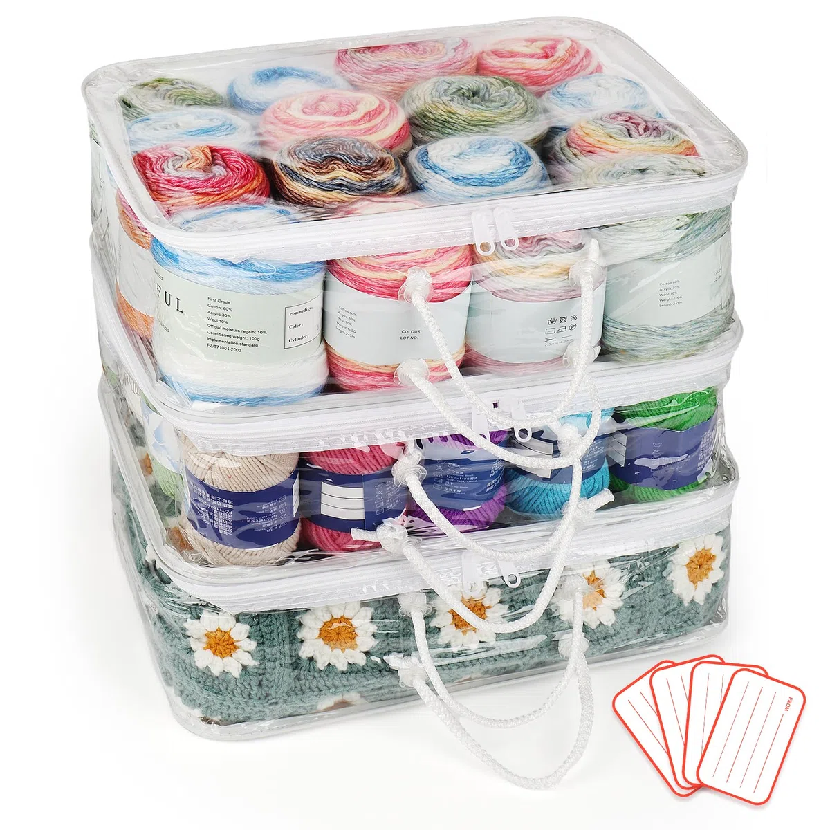 Coopay Organizzatore trasparente per conservazione filati, 3 sacchetti grandi per conservazione lana (40x30x15cm), Organizzatore portatile per filati con manico, Borsa organizzatrice per lavoro a