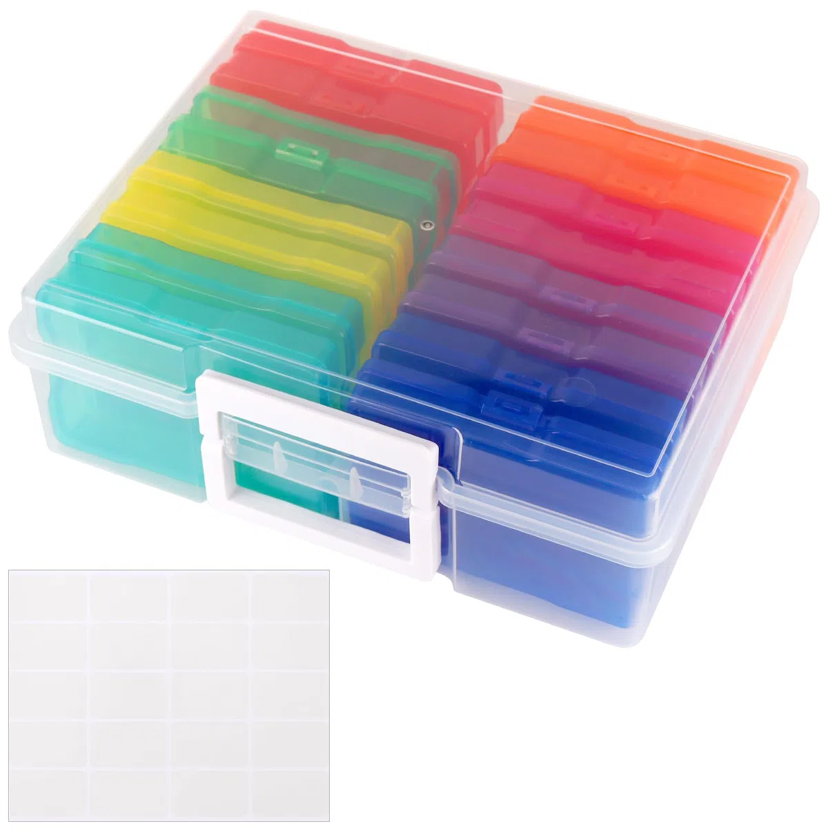 Scatola Portafoto 38 x 30 x 13 cm, 16 Portafoto interni colorati, Organizer Foto con Manico, Scatola Portaoggetti Plastica per Semi, Cartoline, Artigianato, Adesivi, Trasparente