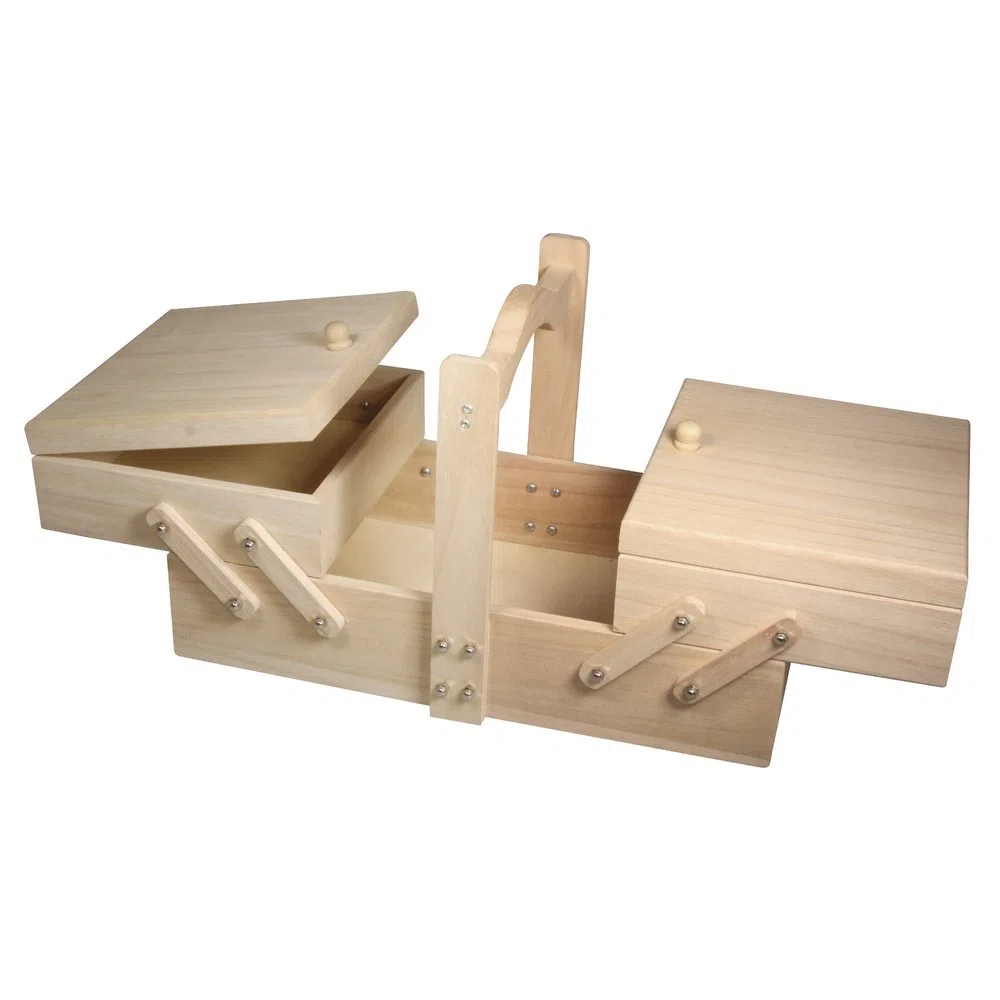 Scatola Portaoggetti da Cucito A Sbalzo In Legno 34.5 x 20 x 21.5 cm, Due Piani, Tre Scomparti, per Utensili da Cucito, Legno di Pino, 48216000
