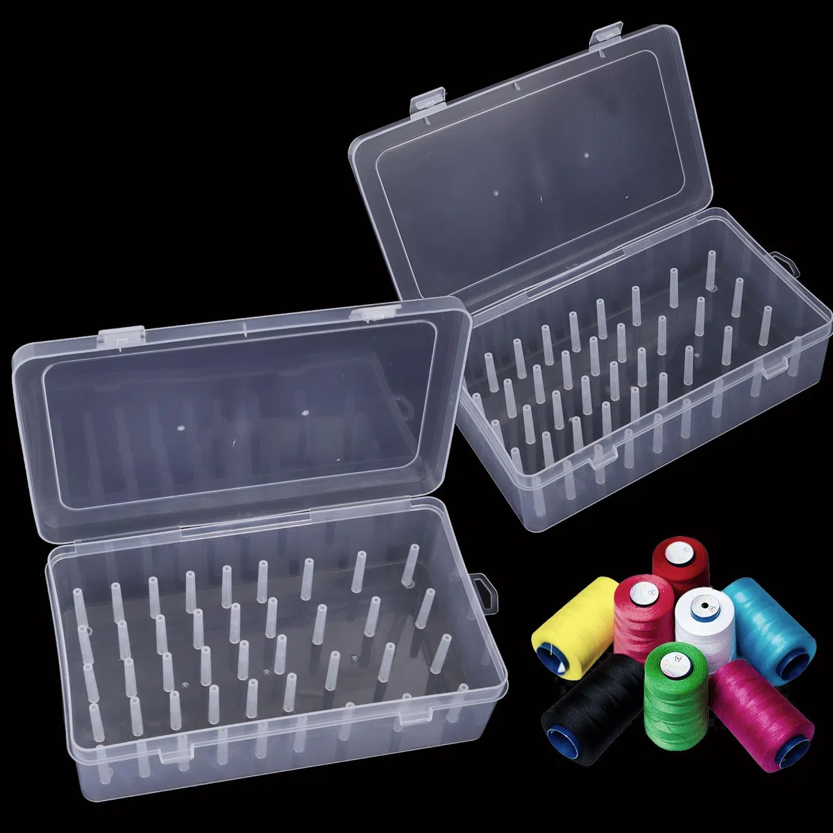 YOUNTHYE 2 Pezzi stoccaggio Scatola Bobine di Filo, Scatola Organizer per Filo da Ricamo 23,7x13,7x6,6 cm, Scatola portaoggetti in plastica Trasparente per Filo da Ricamo per 42 rocchetti di Filo
