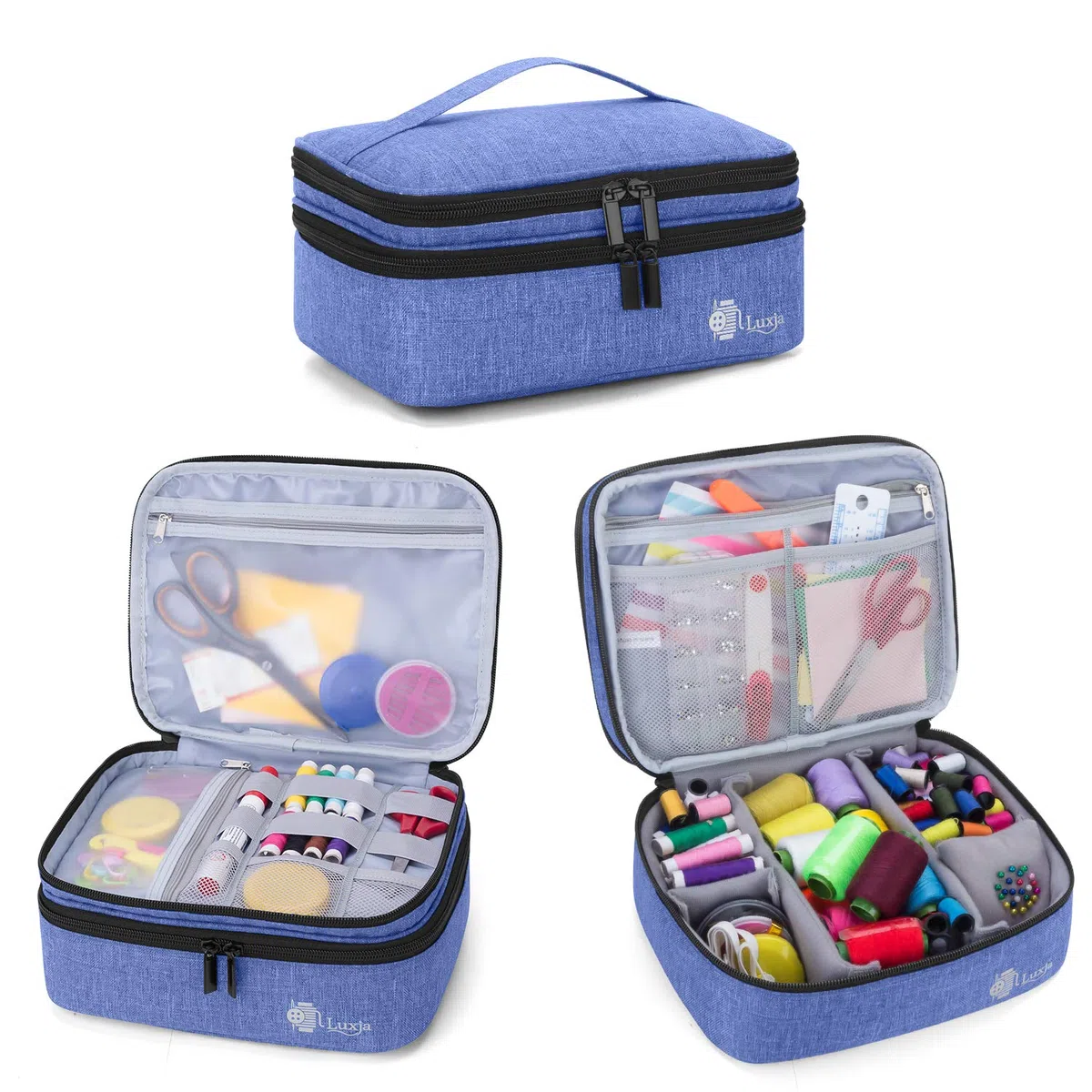 Luxja Doppio Strato Astuccio da Cucito, Borsa per Kit da Cucito, Borsa per Aghi, Filo, Forbici e Altri Accessori da Cucito, Medio/Blu
