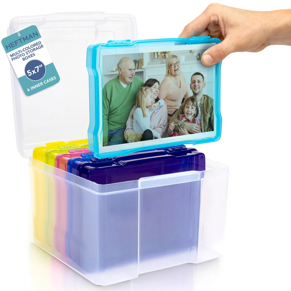 HEFTMAN 5 x 7 scatole per foto arcobaleno, in plastica trasparente, organizer con 6 custodie interne per foto, può contenere fino a 600 foto, organizer per biglietti di auguri, forniture per ufficio,