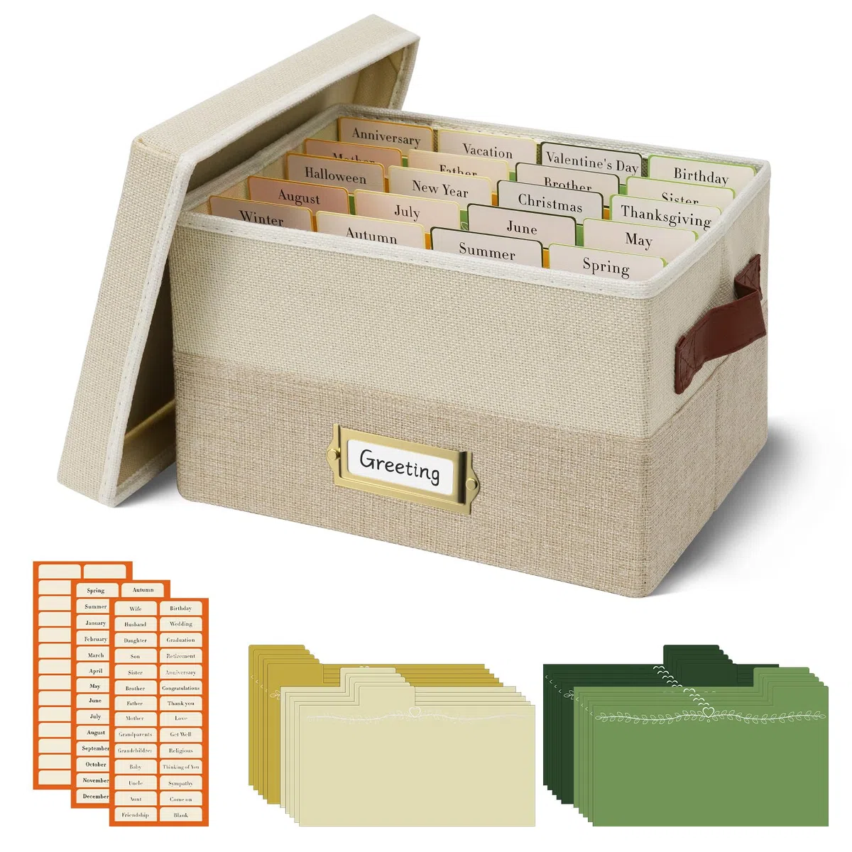 Vienrose Scatola Portaoggetti per Biglietti d'Auguri, con 20 Divisori Rimovibili, 84 Etichette Autoadesive, Scatola Pieghevole Ideale per Biglietti d'Auguri, Foto, Buste, Adesivi, Cartoline (Beige)