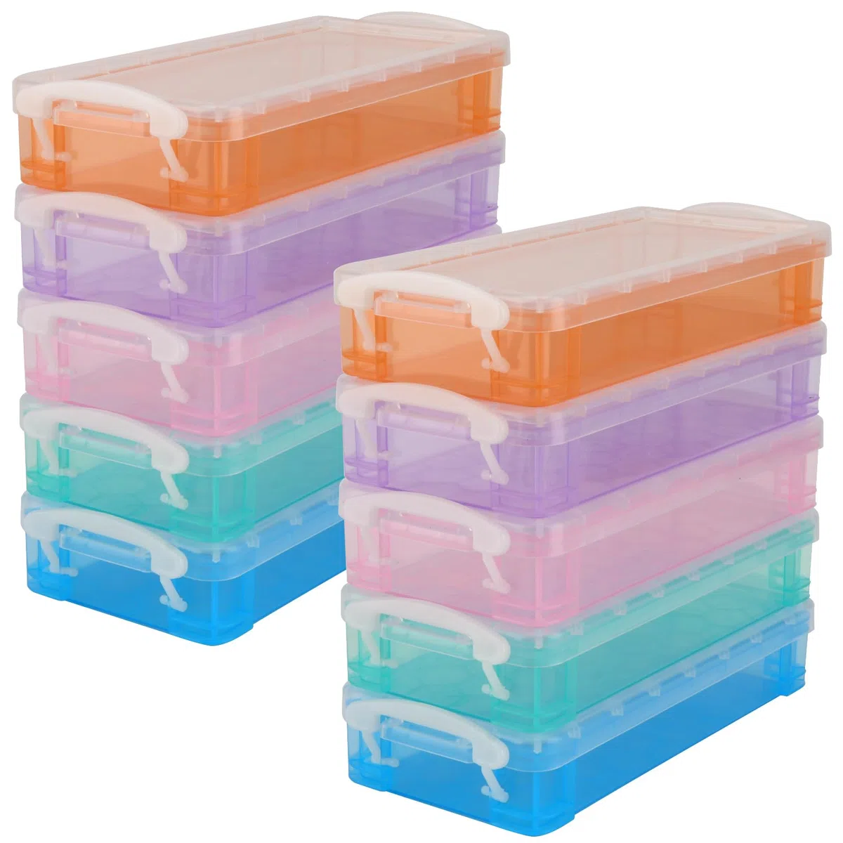 FUNSUEI 10 Scatole impilabili traslucide, per matite e forniture da ufficio, contenitori per pennelli, penne, acquerelli e accessori per disegnare, 22 x 10 x 4,6 cm, 5 colori