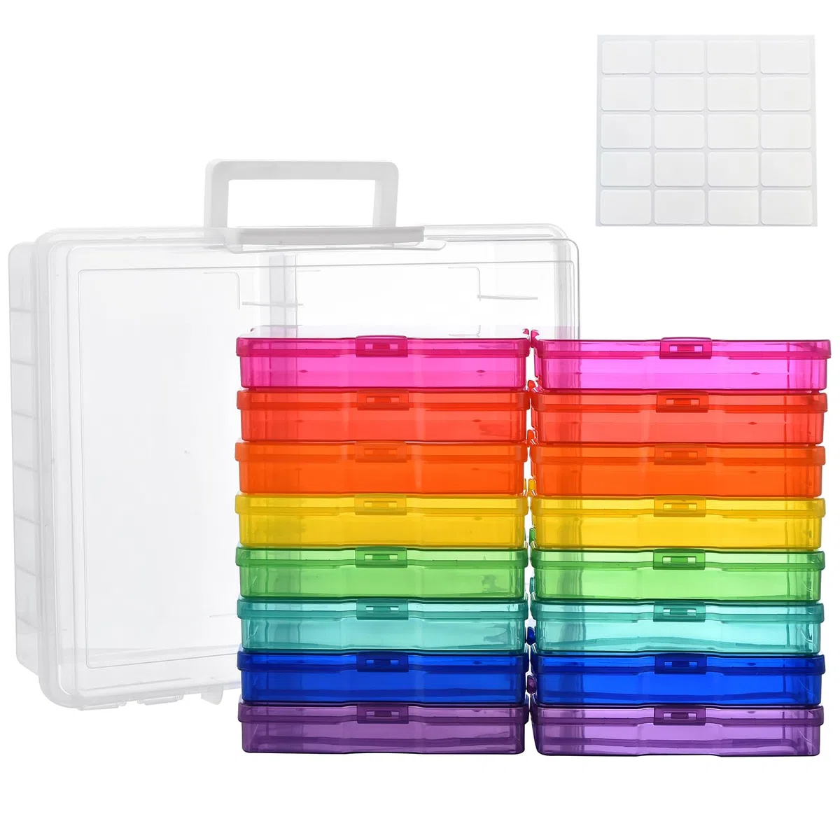 ALINK Scatola portafoto con 16 porta foto interne, grande 17 × 12 cm, scatola fotografica trasparente per riporre cartoline, foto, artigianato, adesivi, 1 foglio di adesivi